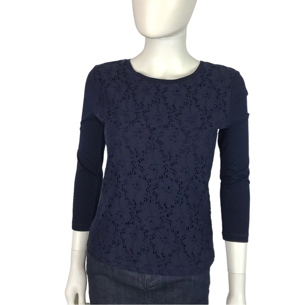 Talbots Navy Blue Tee Shirt Lace Overlay 3/4 Sleeves Size MP